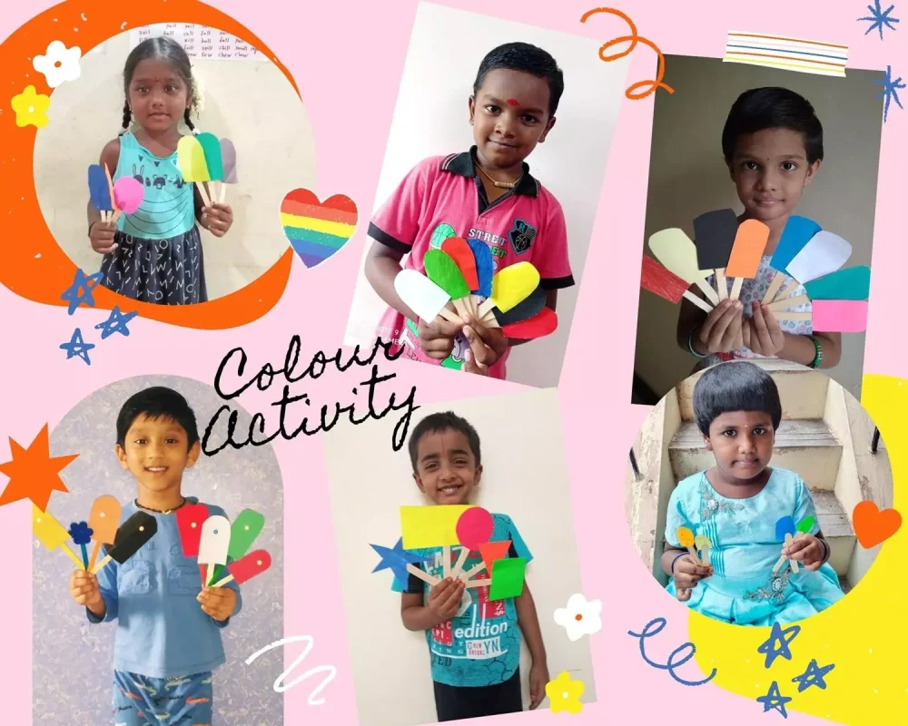 Grade 1 students at Vidhya Peetham i-School engaging in a colorful learning activity, holding ice cream sticks labeled with Hindi colors name like 'laal', 'safed', and 'neela', showcasing an innovative approach to language learning in one of Salem's best CBSE schools.