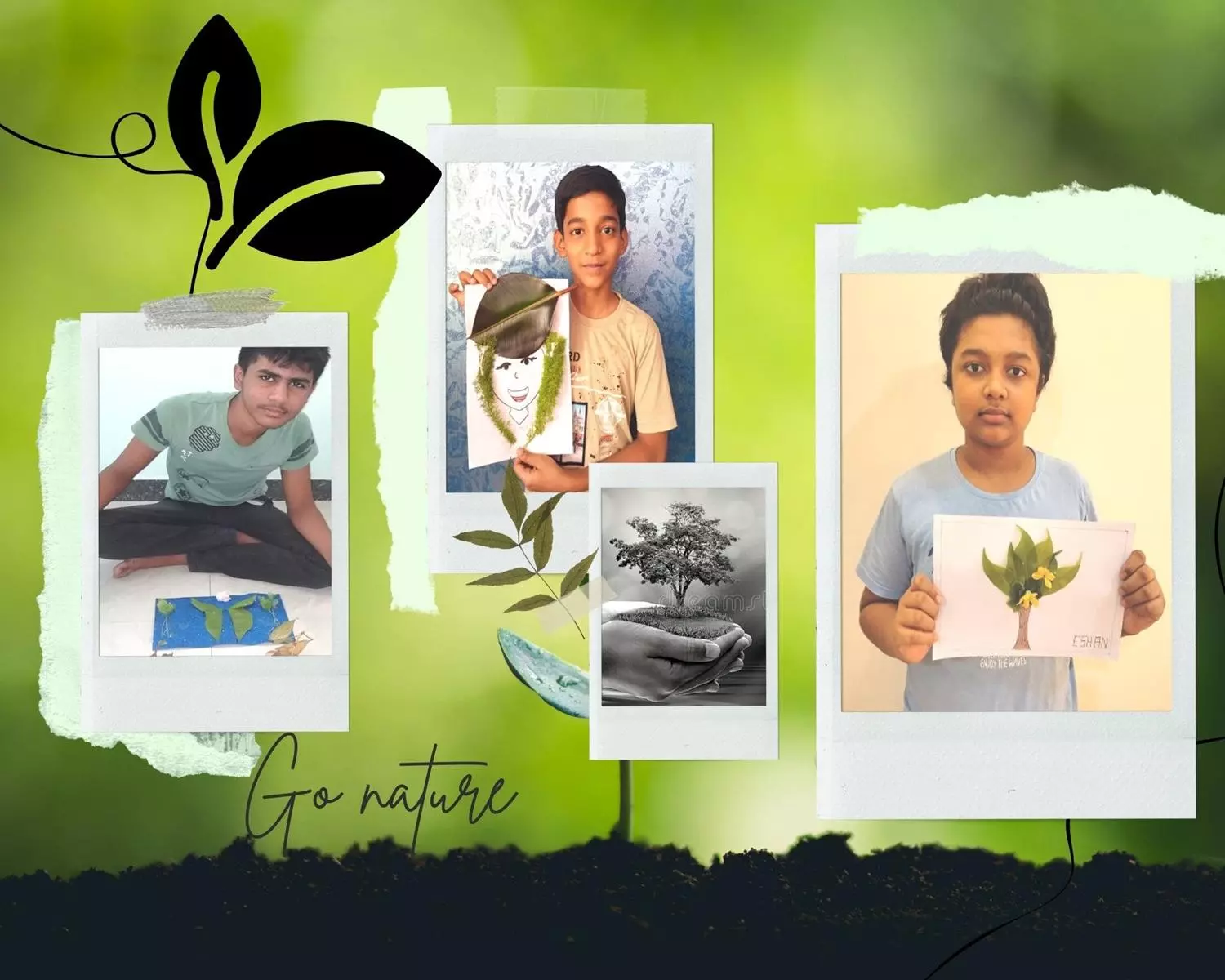 Innovative nature collages made from natural materials by 8th graders, highlighting creativity in environmental education at Salem's top school.