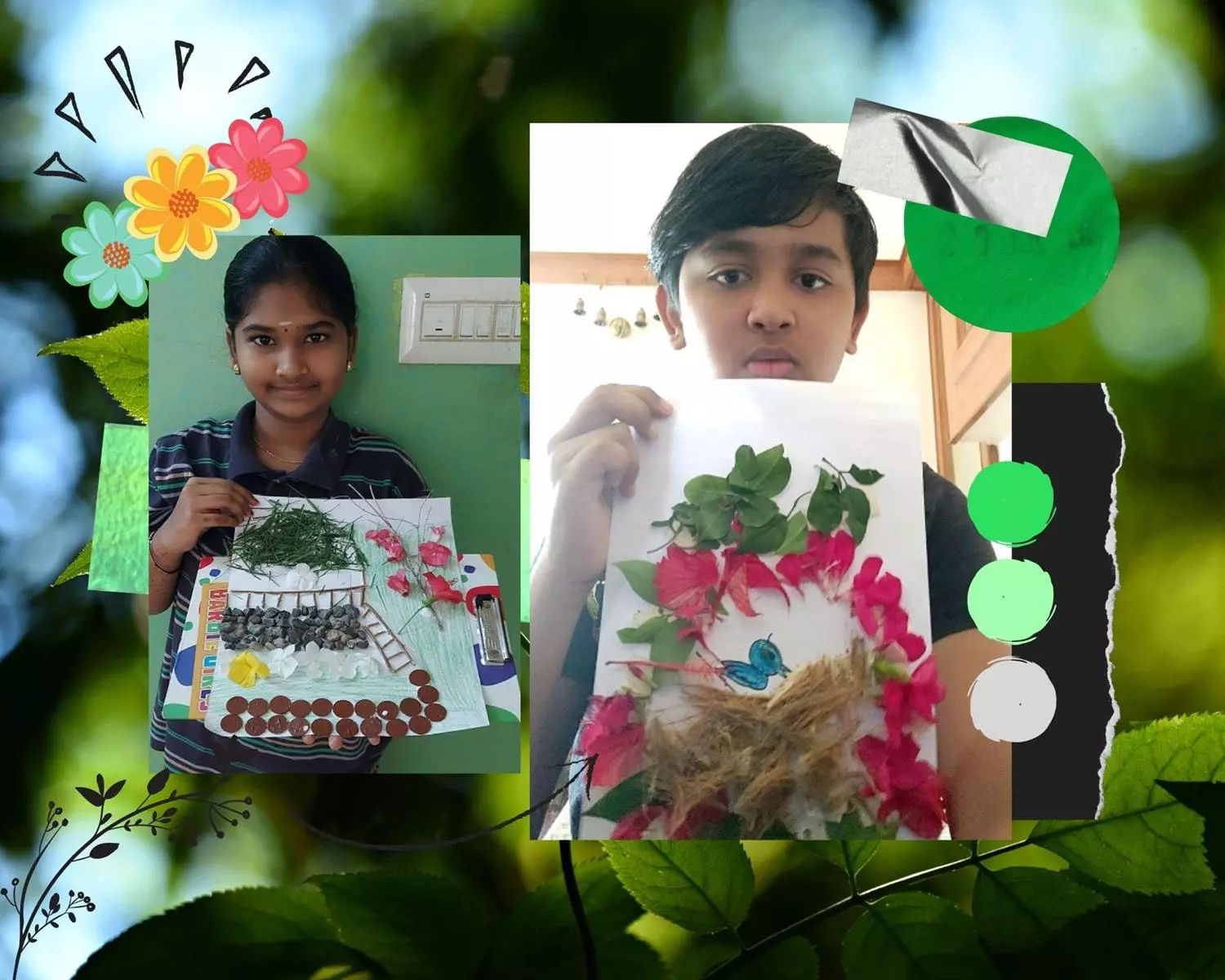 8th-grade students at a top school in Salem creating a nature collage activity with leaves, flowers, and twigs, showcasing their artistic skills and environmental awareness.