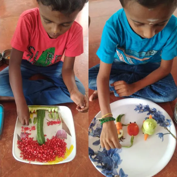Grade 1 Nature's Palette 5_result First-grade students at Vidhya Peetham i-School in Salem engaged in fruit and vegetable carving, showcasing their creativity with colorful natural materials.