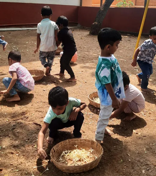 Baskets filled with fragrant 'Akash Malli' flowers, gathered by PreKG kids during their nature exploration at Vidhya Peetham i-School.