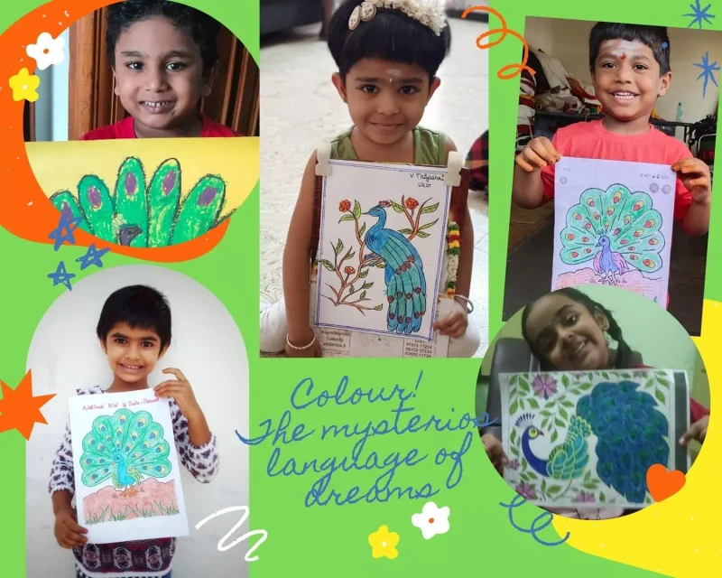 UKG students at Vidhya Peetham i-School showcasing their artistic skills with vibrant peacock coloring activities.