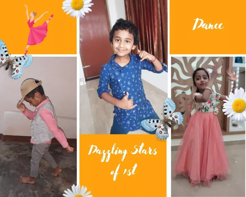 Young children from a CBSE school in Salem enthusiastically participating in an online dance class, displaying their talent and hard work in front of their webcams, representing the adaptability and spirit of students during online learning.