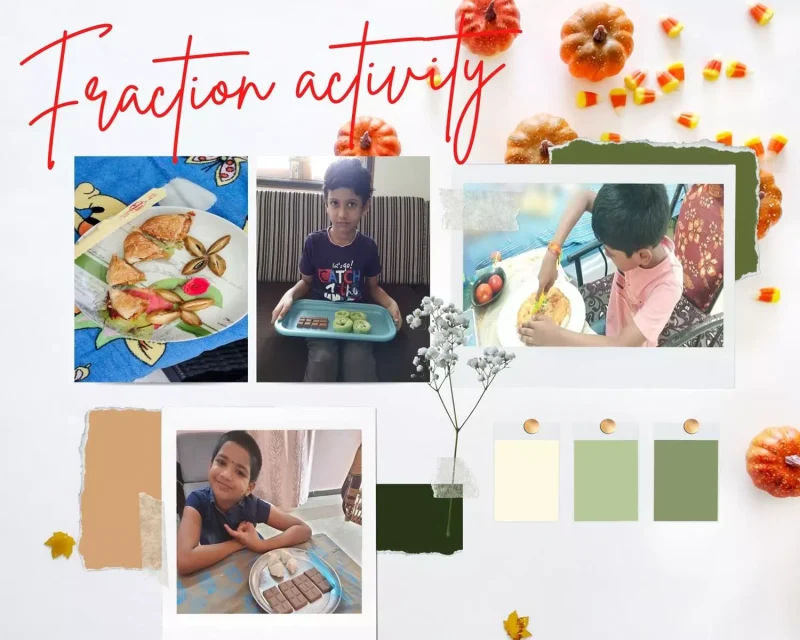 2nd std students from the best CBSE school in Salem learning fractions with food items at home, demonstrating interactive and fun fraction activities.