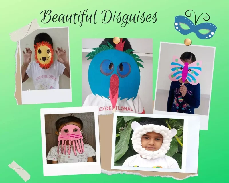 1st std students at Salem's best CBSE school crafting imaginative masks at home, using glitter paper and feathers for a creative mask making activity.