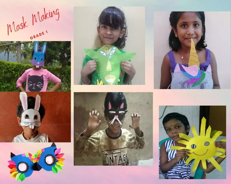 A vibrant display of handmade masks by talented 1st graders from a renowned school in Salem, showcasing their creativity in mask making with various materials.