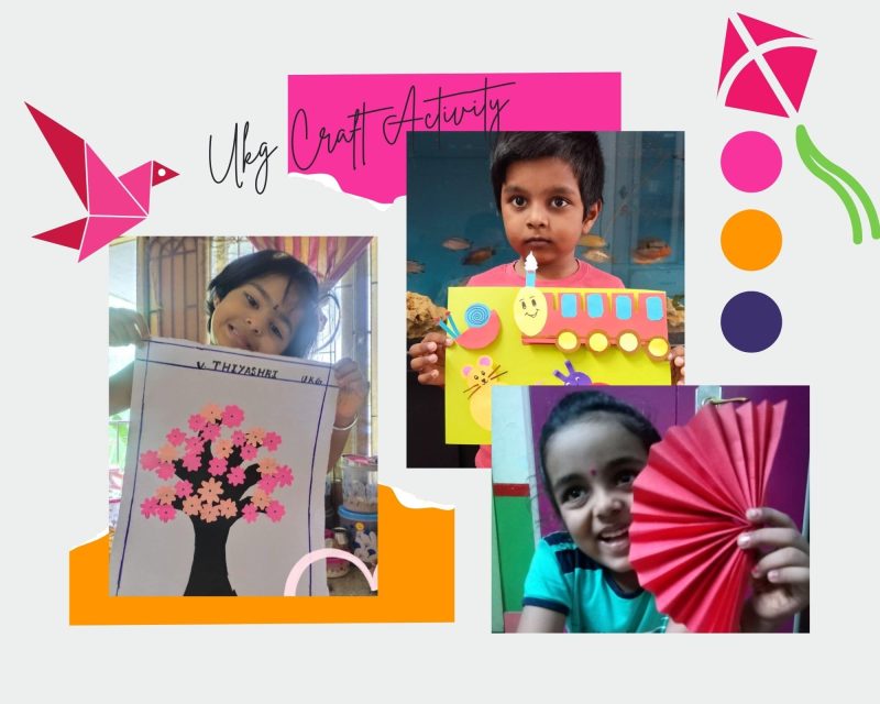 UKG students at Vidhya Peetham i-School displaying their colorful creations of animals and objects in an origami activity, showcasing their creativity and learning during a remote session in July 2021.