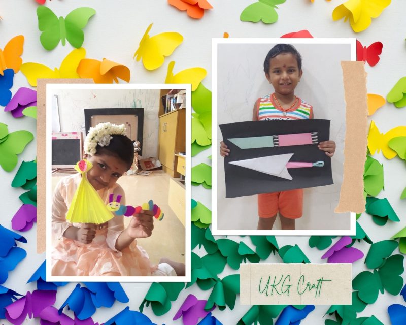 origami-kindergarten 2 A variety of intricate origami art made by UKG children, including paper dogs, cats, kites, and butterflies, representing the engaging and innovative teaching methods at the best CBSE school in Salem.