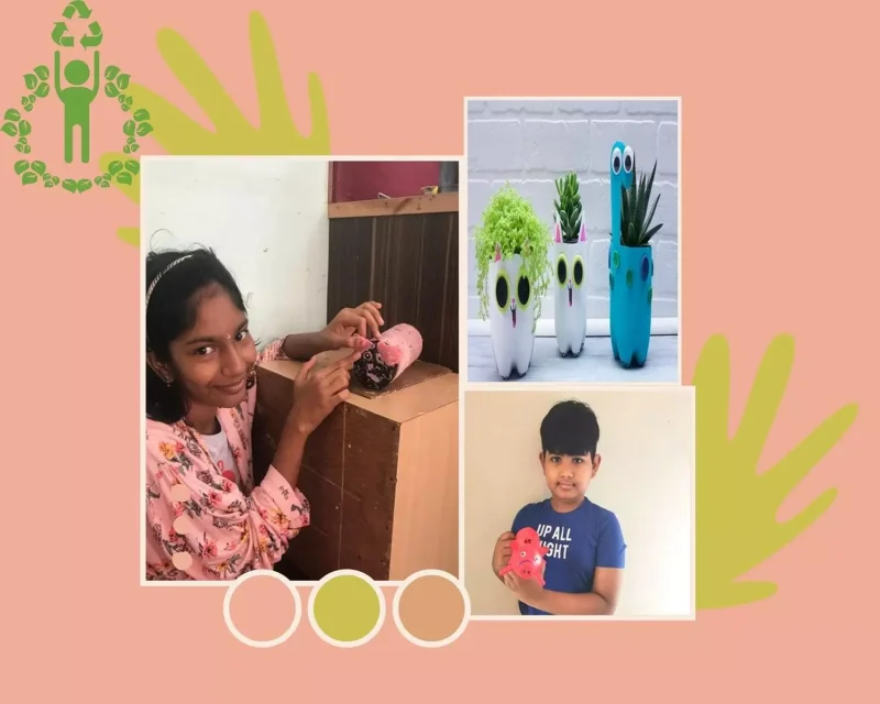 recycling waste 3 Grade 5 students at Vidhya Peetham i-School, one of the best schools in Salem, making bird feeders from recycled materials.