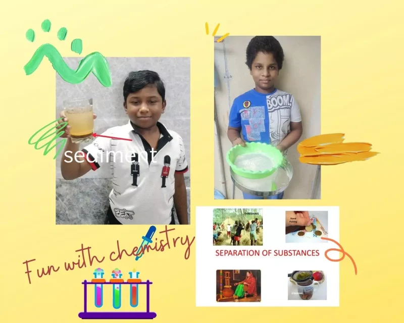 Young learners from a CBSE school in Salem sieving flour in a science experiment, showcasing the practical application of sieving as a separation method.
