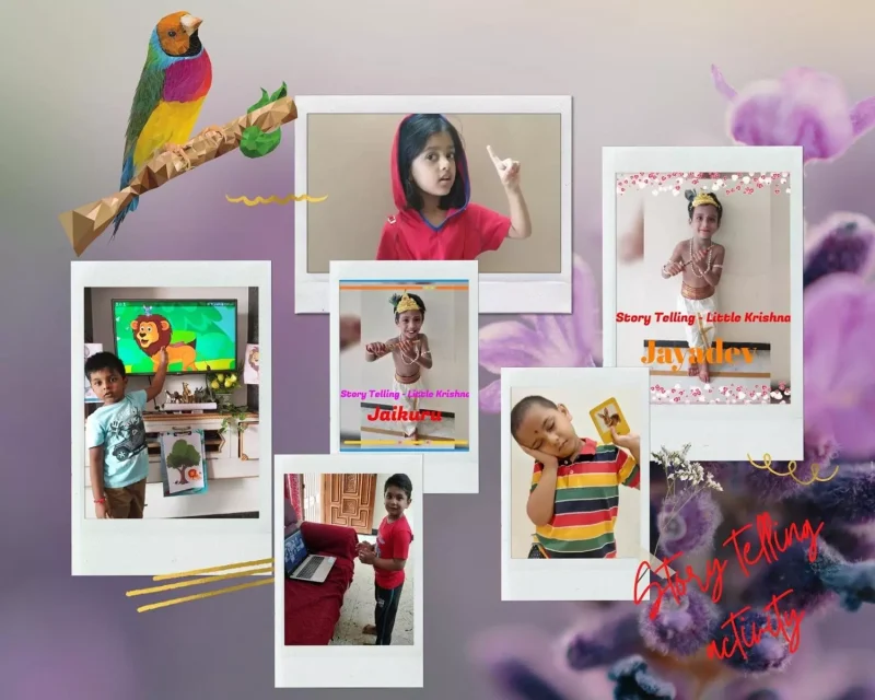 UKG child in costume, excitedly telling a story with gestures, showcasing adaptability to remote learning.