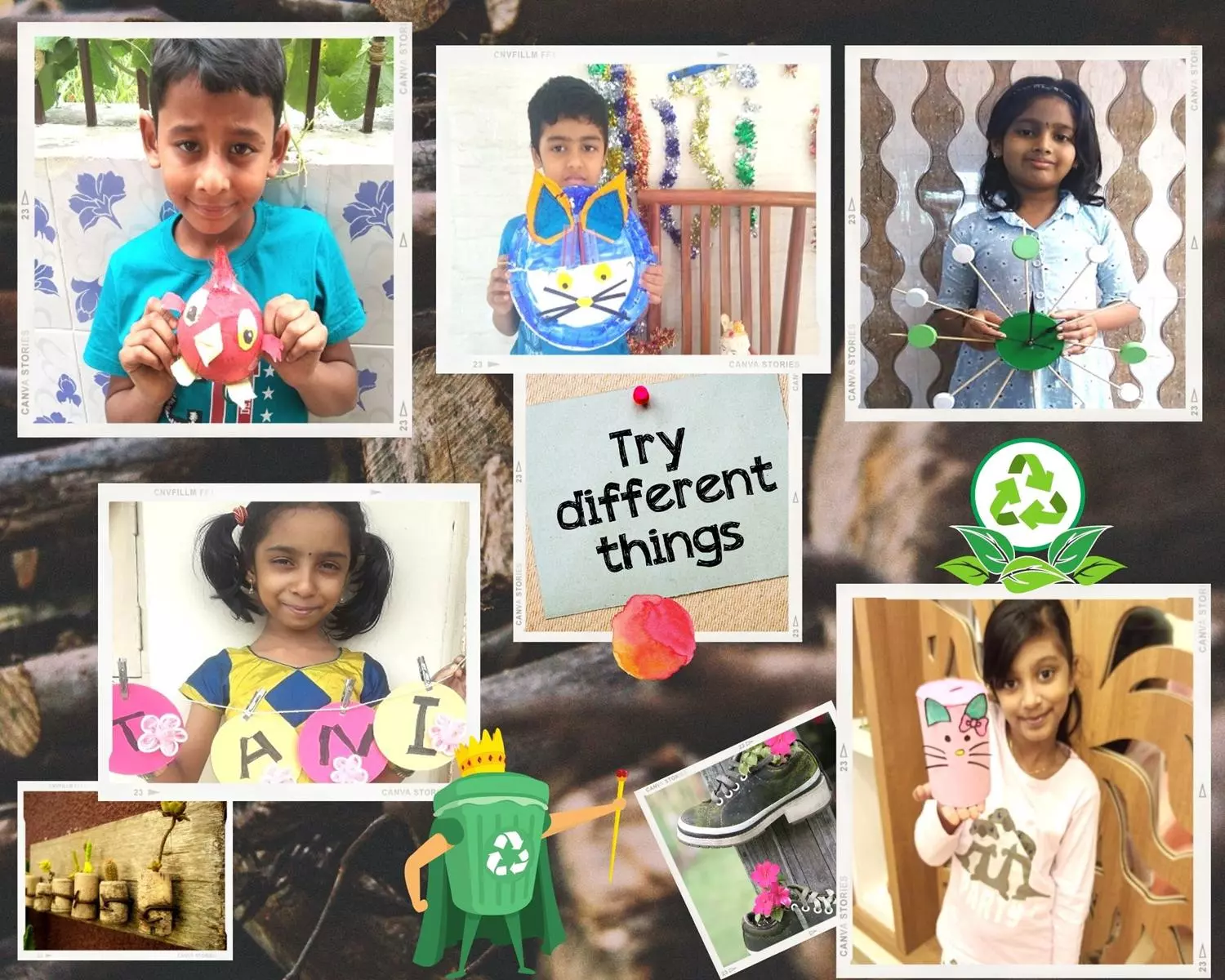 Third-grade students at a CBSE school in Salem proudly displaying their creative projects made from recycled materials, including a working clock made from bottle caps and a sling bag fashioned from a plastic bottle, as part of the 'Wealth from Waste' contest.