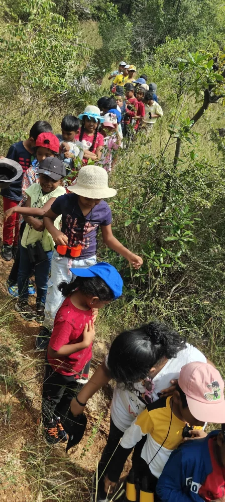 Grade 2 explorers from a top school in Salem on a nature walk, keenly observing their path.