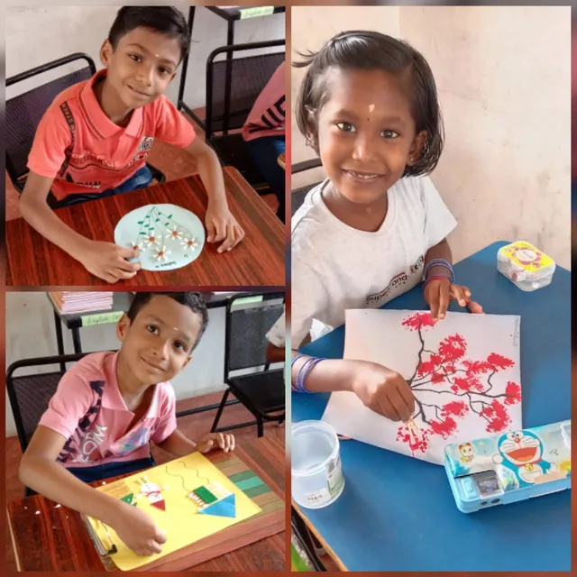 Collage of young learners creating various art pieces using cotton buds at Vidhya Peetham i-School.