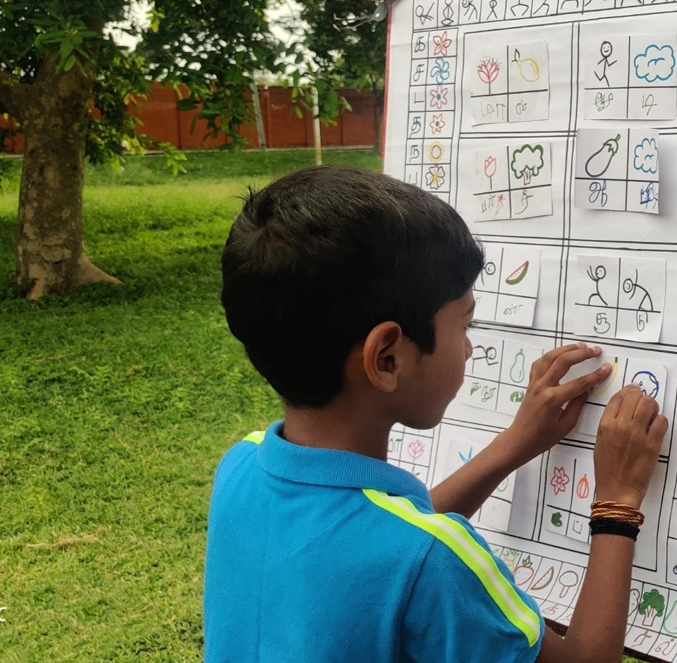 Young learner matching Tamil letters to images on chart