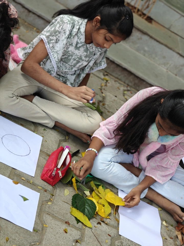 Student carefully arranging dried leaves on pink paper to create an artistic pattern
